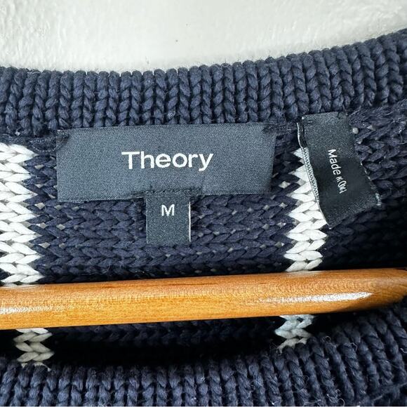 Theory Emmeris Ibisco Sweater Womens M Navy Striped Cotton Knit Short Sleeve Top - Picture 5 of 9